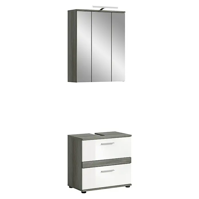 xonox.home Blake Badmöbel-Set Blake - 60 cm, Weiß/Rauchsilber, Glänzend, Mit Beleuchtung, 2 -tlg. - Moderner Badezimmerschrank mit Spiegeltüren und Unterschrank in Grau und Weiß für ein stilvolles Ambiente.