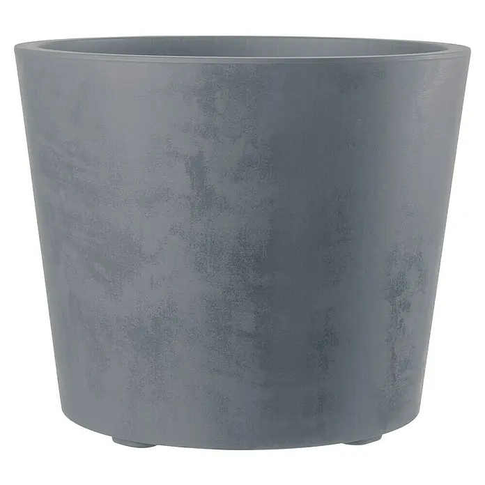 Deroma Millennium Pflanzkübel rund - Außenmaß (Ø x H): 59 x 49 cm, Kunststoff, Ashgrey - Nahaufnahme eines zementfarbenen Blumentopfs mit strukturierter Oberfläche.