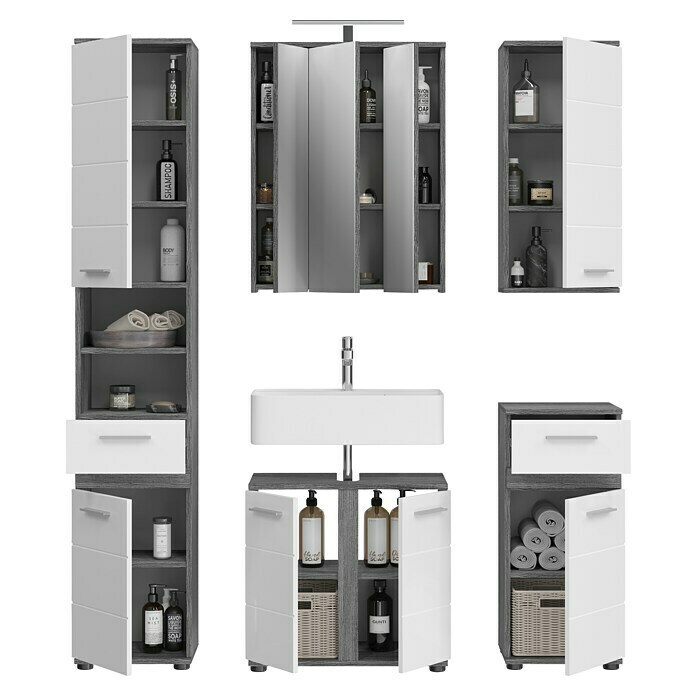 xonox.home Blake Badmöbel-Set Blake (164 cm, Weiß/Rauchsilber, Glänzend, Mit Beleuchtung, 5 -tlg.) | BAUHAUS