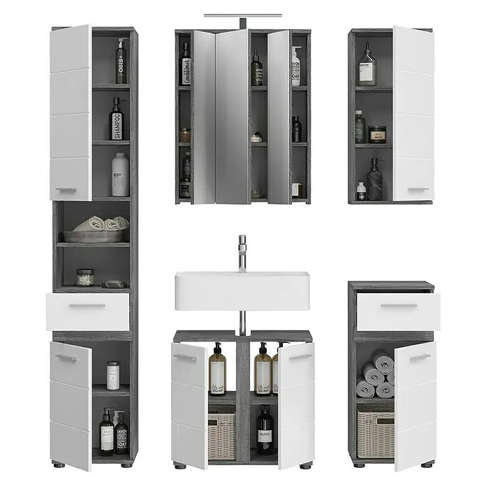 xonox.home Blake Badmöbel-Set Blake - 164 cm, Weiß/Rauchsilber, Glänzend, Mit Beleuchtung, 5 -tlg. - Badezimmer-Set mit Waschbeckenunterschrank, Spiegelschrank und Hochschränken in Grau und Weiß. Praktische Badmöbel für mehr Stauraum.