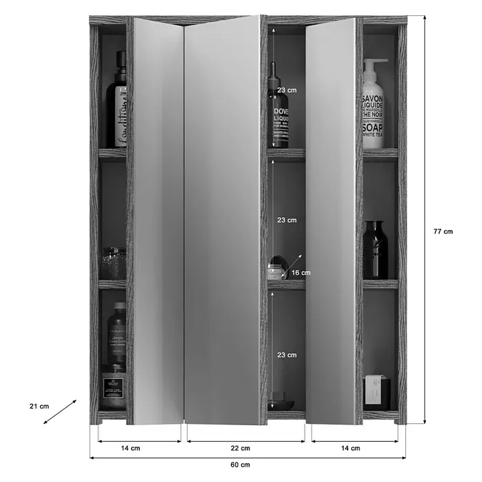 xonox.home Blake Badmöbel-Set Blake - 110 cm, Weiß/Rauchsilber, Glänzend - Abbildung eines Badezimmerschranks mit Spiegel, offen, Abmessungen sind eingezeichnet. Er ist gefüllt mit Pflegeprodukten in Schwarz und Weiß.