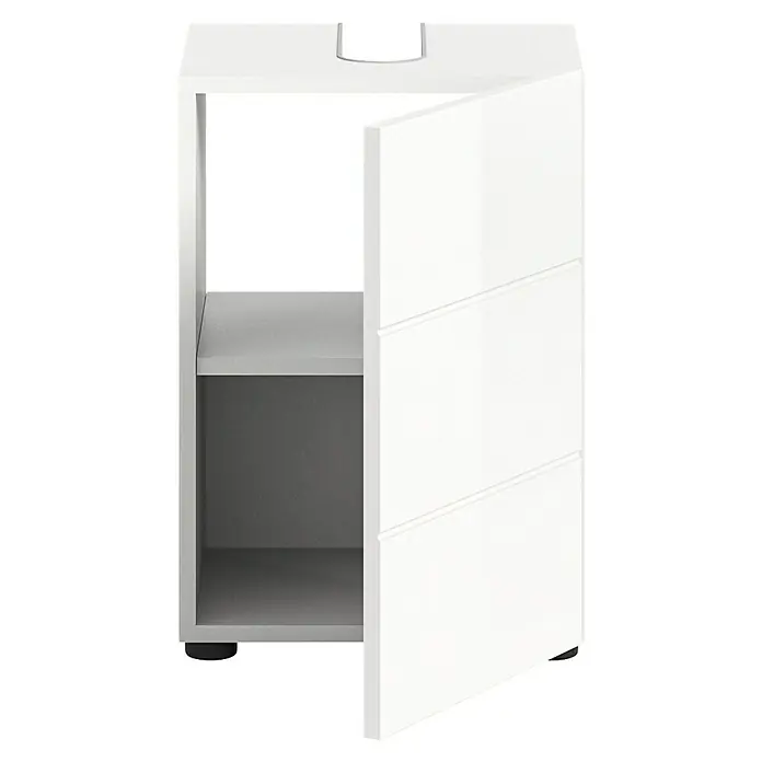 xonox.home Vira Waschtischunterschrank Vira - B x T x H: 38 x 34 x 56 cm, Weiß, Glänzend - Weißer Badezimmerschrank mit offener Tür und Ablage. Der Schrank hat ein schlichtes Design mit horizontalen Linien auf der Tür.