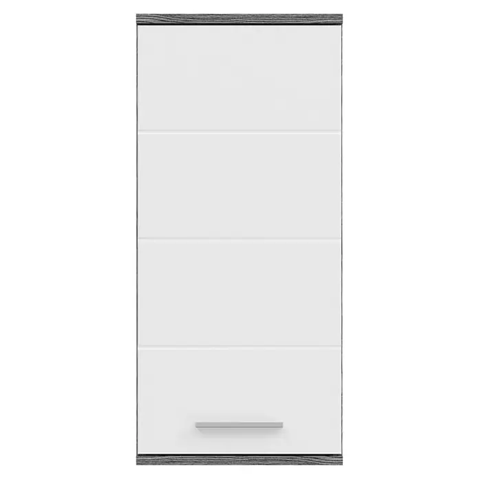 xonox.home Blake Hängeschrank Blake - B x T x H: 35 x 25 x 77 cm, Weiß/Rauchsilber - Schlichte, moderne weiße Küchentür mit vier horizontalen Paneelen und einem eleganten Griff. Der Rahmen ist in einem dunklen Holzton gehalten.