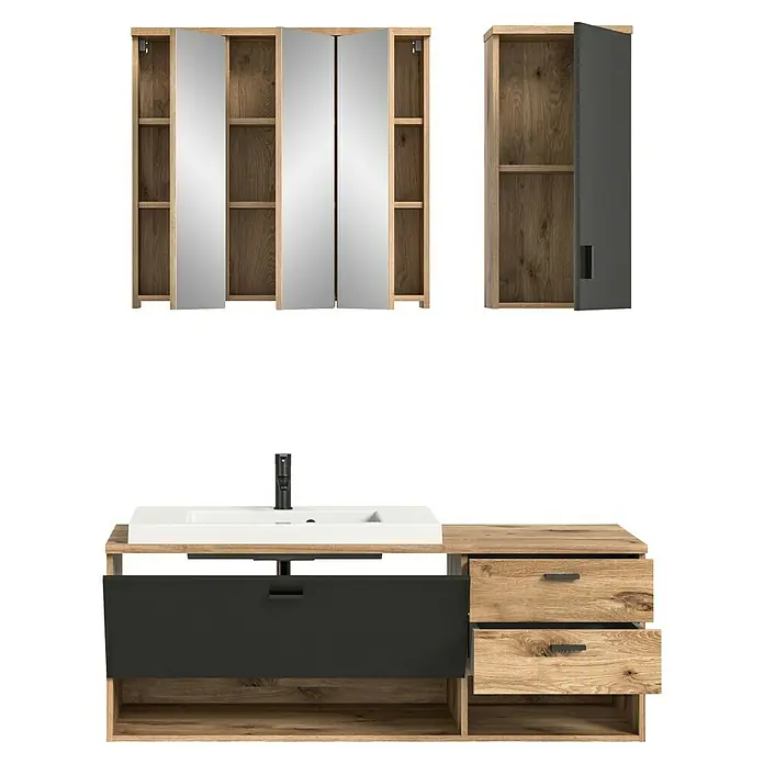 xonox.home Grado Badmöbel-Set Grado - 140 cm, Nox Oak, Matt, 4 -tlg. - Badezimmerunterschrank mit Waschbecken, Spiegel und Hängeschrank für ein modernes und stilvolles Badezimmerdesign.