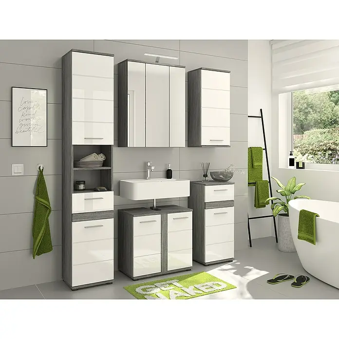 xonox.home Blake Badmöbel-Set Blake - 114 cm, Weiß/Rauchsilber, Glänzend, 3 -tlg. - Badezimmer-Interieur mit Waschbeckenunterschrank und Hochschränken in Grau und Weiß für ein modernes Ambiente.