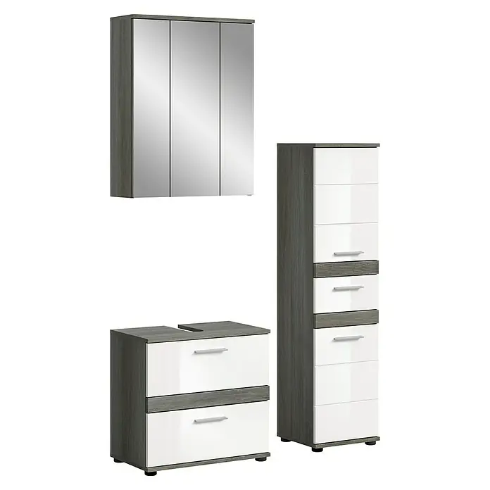 xonox.home Blake Badmöbel-Set Blake - 110 cm, Weiß/Rauchsilber, Glänzend - Badezimmer-Set bestehend aus einem Spiegelschrank, einem Waschbeckenunterschrank und einem Hochschrank in Grau und Weiß.