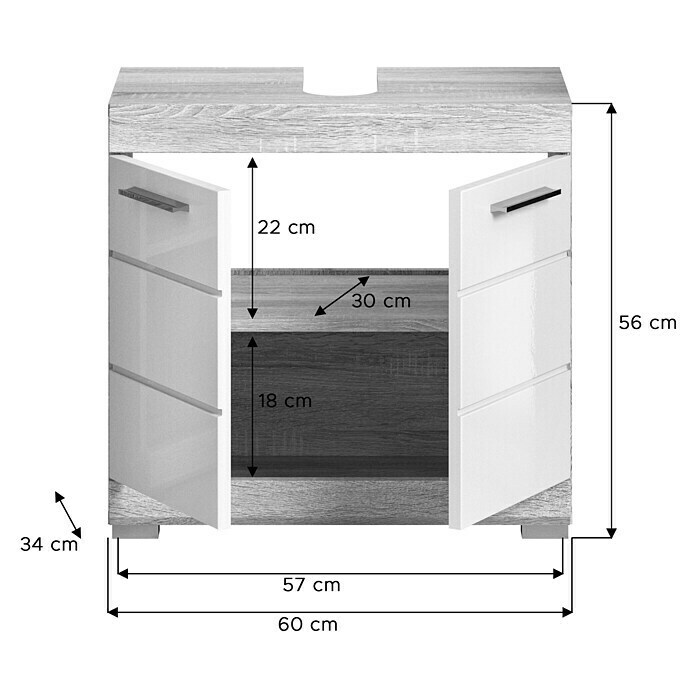 xonox.home Lambada Waschtischunterschrank Lambada (B x T x H: 60 x 34 x 56 cm, Weiß/Sonoma Eiche hell, Glänzend) | BAUHAUS