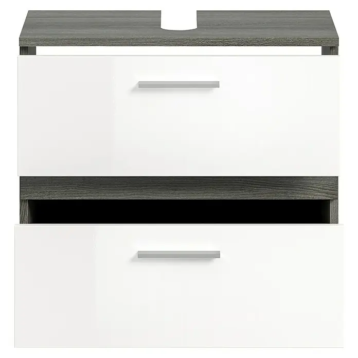 xonox.home Blake Waschtischunterschrank Blake - B x T x H: 60 x 34 x 57 cm, Weiß/Rauchsilber, Glänzend, 2 Schubladen - Ein moderner Waschbeckenunterschrank in Weiß und Grau mit zwei Schubladen. Ideal für stilvolle Badezimmergestaltung.