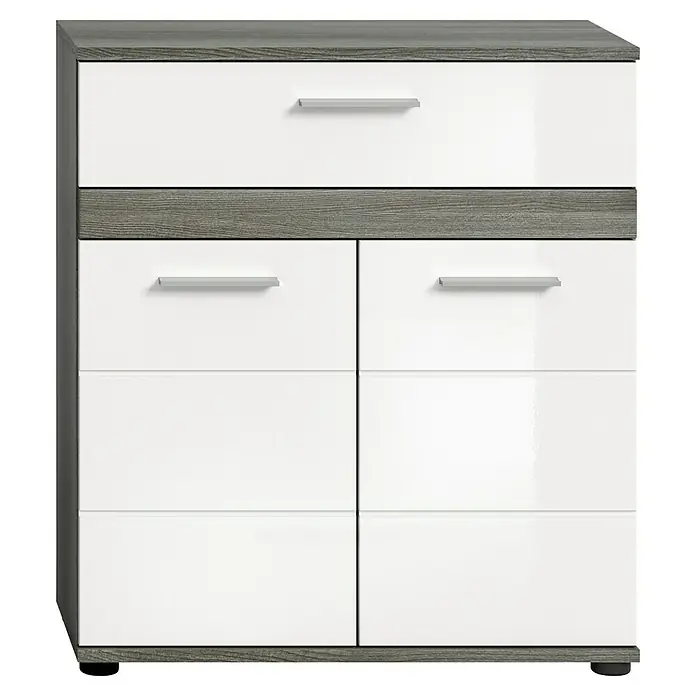 xonox.home Blake Midischrank Blake - B x T x H: 71 x 31 x 79 cm, Weiß/Rauchsilber - Moderne Kommode in Weiß und Grau mit mehreren Schubladen für stilvolle Aufbewahrung im Schlaf- oder Wohnzimmer.