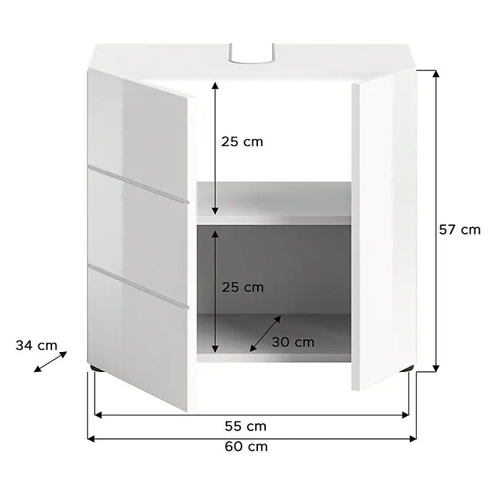 xonox.home Vira Waschtischunterschrank Vira - B x T x H: 60 x 34 x 57 cm, Weiß, Glänzend - Produktansicht eines weißen Eckschranks mit offenen Türen und den Maßangaben in Zentimetern.