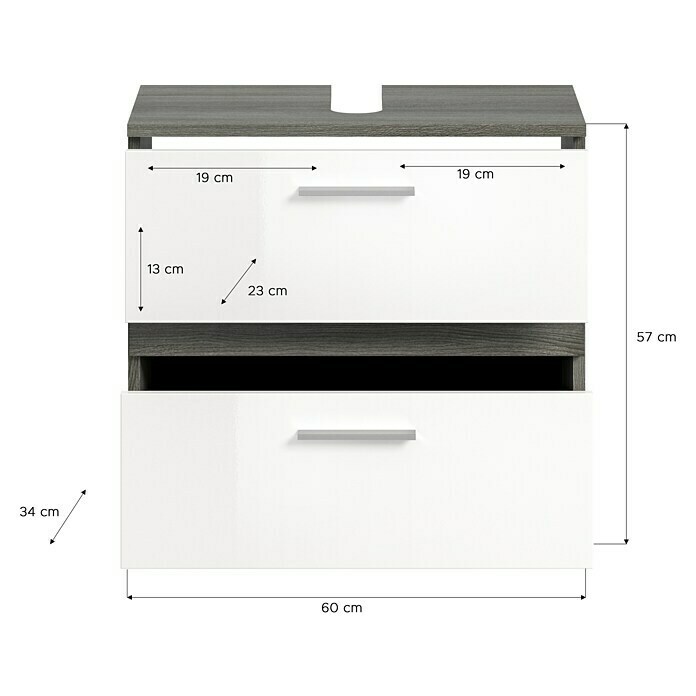 xonox.home Blake Waschtischunterschrank Blake (B x T x H: 60 x 34 x 57 cm, Weiß/Rauchsilber, Glänzend, 2 Schubladen) | BAUHAUS