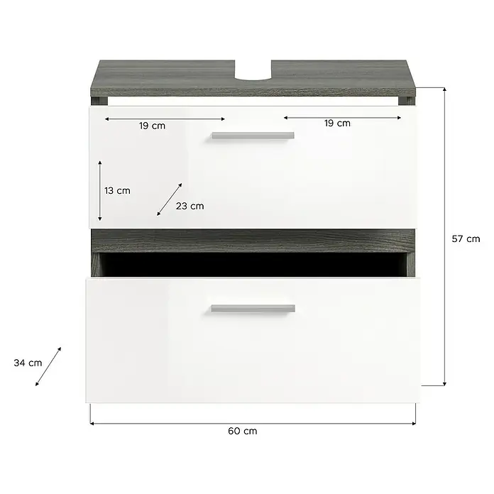 xonox.home Blake Badmöbel-Set Blake - 110 cm, Weiß/Rauchsilber, Glänzend - Abbildung eines Badezimmerschranks mit Schubladen in Grau und Weiß, mit Maßangaben für seine Abmessungen.