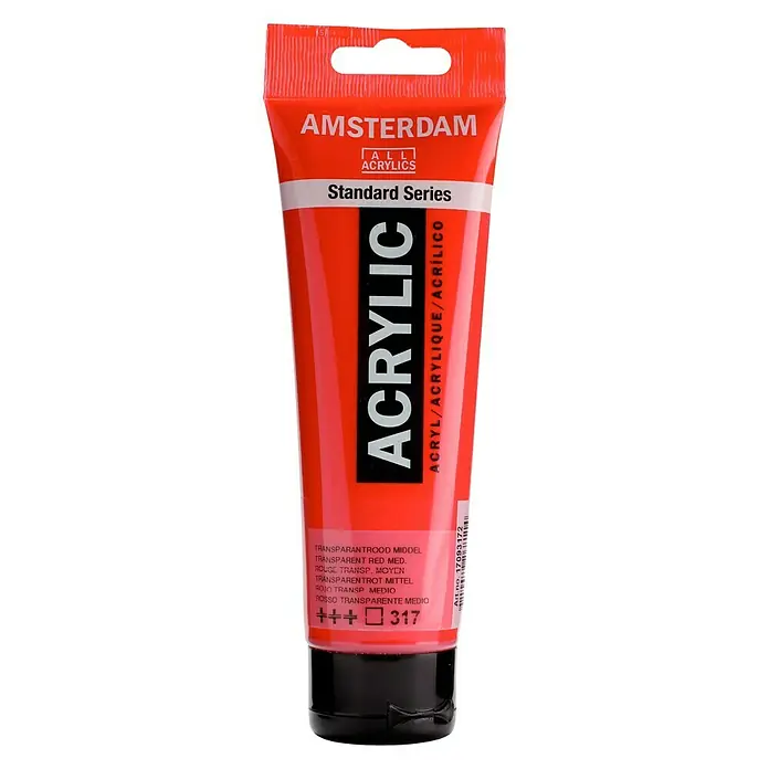 Talens Amsterdam Pintura acrílica Standard - Rojo transparente medio, 120 ml, Tubo - Tubo de pintura acrílica Amsterdam Standard Series en Rojo Transparente Medio, ideal para artistas y aficionados.