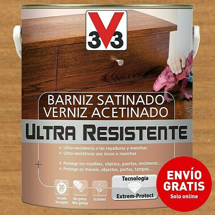 V33 Barniz para madera Satinado Ultra Resistente (Roble oscuro, Satinado, 2,5 l)