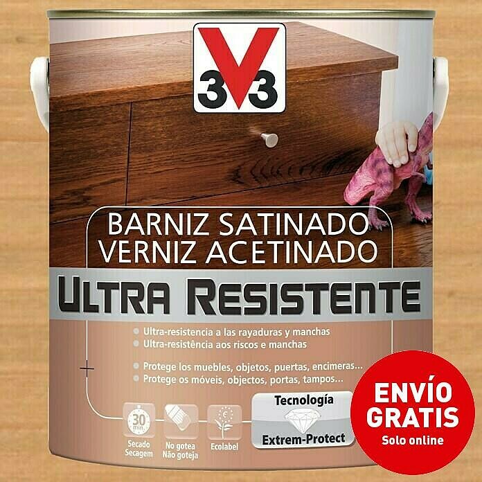V33 Barniz para madera Satinado Ultra Resistente (Roble claro, Satinado, 2,5 l)