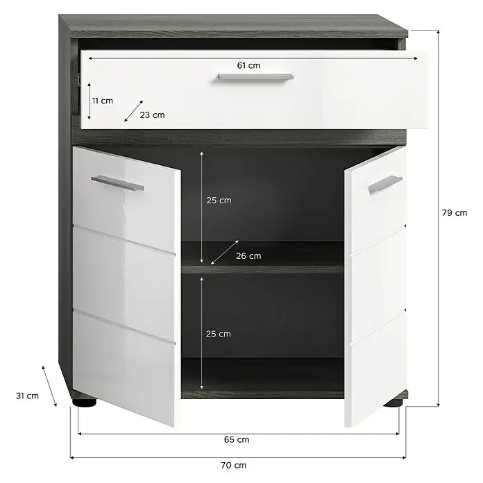 xonox.home Blake Badmöbel-Set Blake - 146 cm, Weiß/Rauchsilber, Glänzend - Ansicht eines grauen Sideboards mit Schublade und offenen Türen. Die Maße des Möbels sind beschriftet.