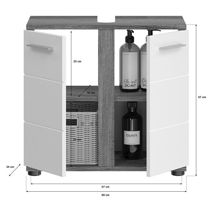 xonox.home Blake Waschtischunterschrank Blake (B x T x H: 60 x 34 x 57 cm, Weiß/Rauchsilber, Glänzend, 2 Türen) | BAUHAUS