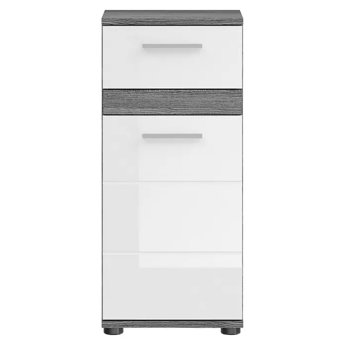 xonox.home Blake Unterschrank Blake - B x T x H: 35 x 31 x 79 cm, Weiß/Rauchsilber - Weiße Kommode mit grauen Akzenten und Griffen, ideal für die stilvolle Aufbewahrung im Schlaf- oder Wohnbereich.