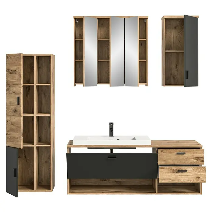 xonox.home Grado Badmöbel-Set Grado - 203 cm, Nox Oak, Matt - Badezimmer-Set mit Waschtischunterschrank, Spiegelschrank und Hochschrank in Holz- und Anthrazitoptik für ein modernes Bad.