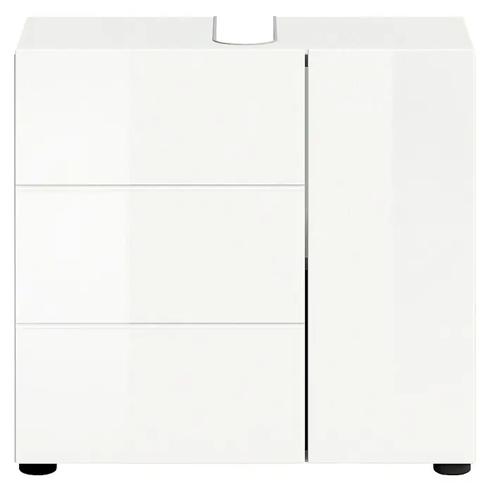 xonox.home Vira Waschtischunterschrank Vira - B x T x H: 60 x 34 x 57 cm, Weiß, Glänzend - Ein weißer Badezimmerschrank mit drei Schubladen und einer Seitentür. Er bietet stilvollen Stauraum und passt gut in moderne Badezimmer.