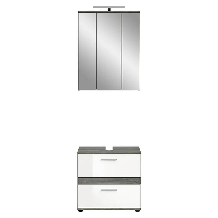 xonox.home Blake Badmöbel-Set Blake - 60 cm, Weiß/Rauchsilber, Glänzend, Mit Beleuchtung, 2 -tlg. - Eleganter Waschtischunterschrank mit Spiegelschrank und integrierter Beleuchtung für ein modernes Badezimmer.