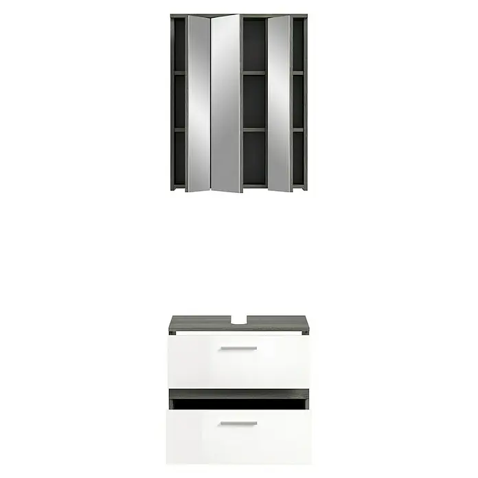xonox.home Blake Badmöbel-Set Blake - 60 cm, Weiß/Rauchsilber, Glänzend, Ohne Beleuchtung, 2 -tlg., 2 Schubladen - Modernes Badezimmerset mit Spiegelschrank und Waschtischunterschrank in Weiß und Grau für stilvolle Badgestaltung.