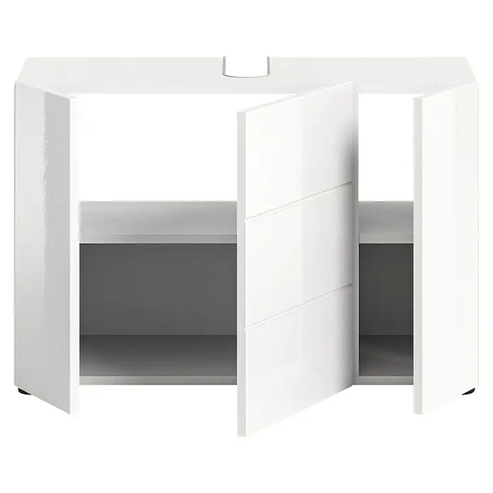 xonox.home Vira Waschtischunterschrank Vira - B x T x H: 82 x 34 x 56 cm, Weiß, Glänzend - Weißer Unterschrank mit zwei Ablagen und einer geöffneten Tür. Ideal für Badezimmer oder Wohnzimmer.