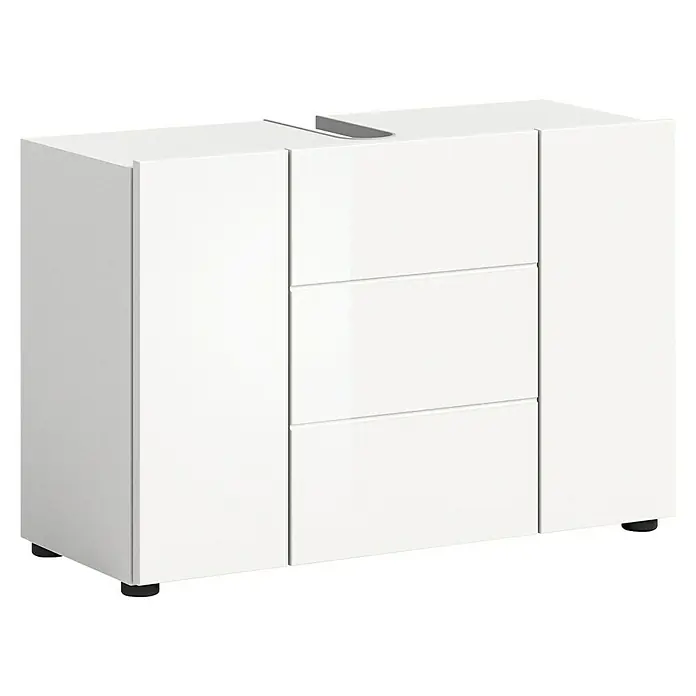 xonox.home Vira Waschtischunterschrank Vira - B x T x H: 82 x 34 x 56 cm, Weiß, Glänzend - Weißer Badezimmerschrank mit drei Schubladen und zwei Seitenteilen für ein modernes und stilvolles Badezimmerdesign.