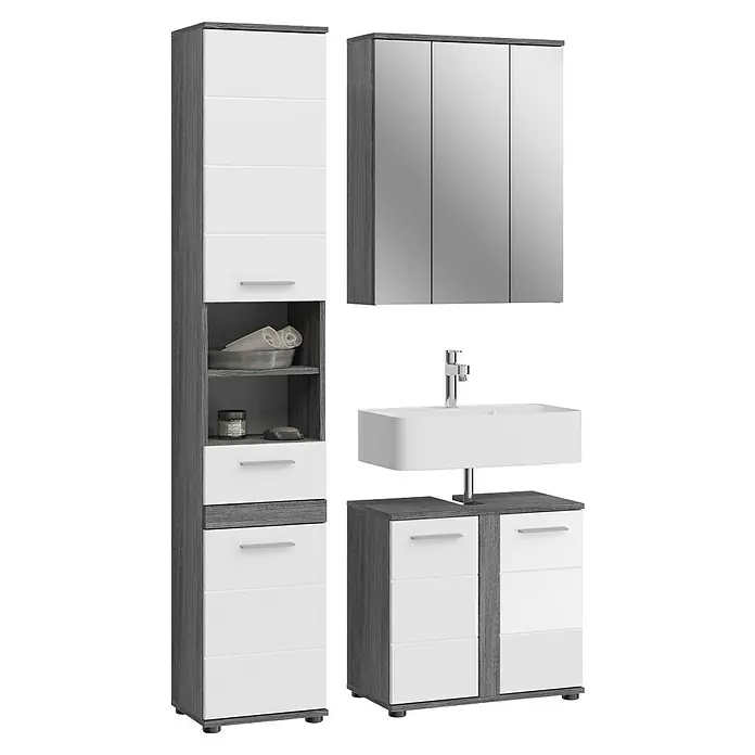 xonox.home Blake Badmöbel-Set Blake - 114 cm, Weiß/Rauchsilber, Glänzend, 3 -tlg. - Badezimmermöbel-Set mit Hochschrank, Spiegelschrank und Waschtischunterschrank mit Waschbecken in modernem Design.