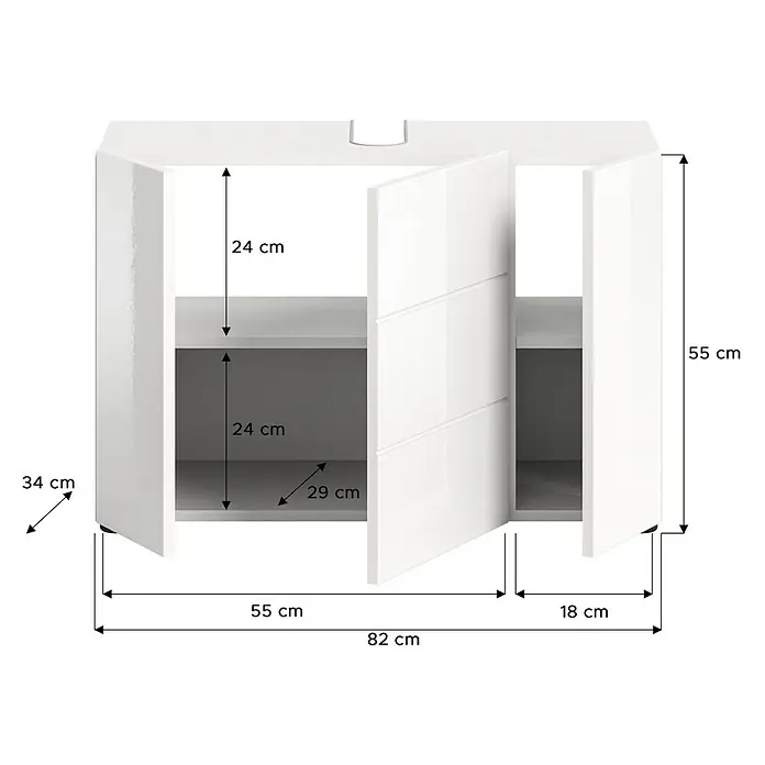 xonox.home Vira Waschtischunterschrank Vira - B x T x H: 82 x 34 x 56 cm, Weiß, Glänzend - Eine detaillierte Ansicht eines weißen Badezimmerschranks mit offenstehenden Türen, die die Innenmaße zeigen.