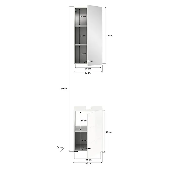 xonox.home Vira Badmöbel-Set Vira - 38 cm, Weiß, Glänzend, Mit Beleuchtung - Abmessungen des weißen Badezimmerschranks mit offenem Fach und Tür, inklusive Höhen-, Breiten- und Tiefenangaben.