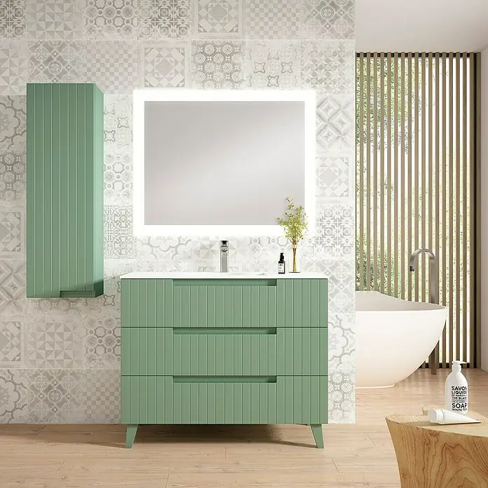 Conjunto de mueble de baño Claire - Ancho: 80 cm, Verde Mate, Número de cajones: 3 ud., 3 pzs. - Interior de baño moderno con tocador verde con cajones y espejo iluminado.