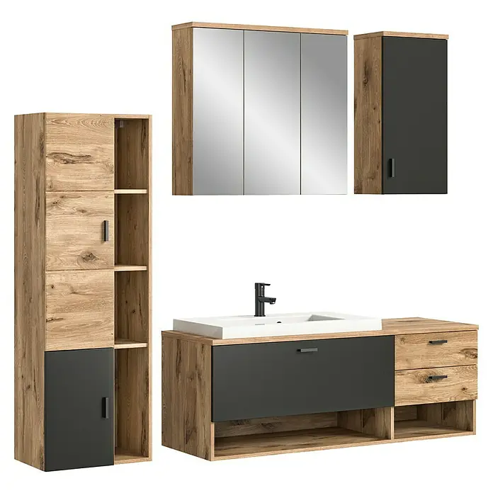xonox.home Grado Badmöbel-Set Grado - 203 cm, Nox Oak, Matt - Modernes Badezimmerset mit Waschtisch, Spiegelschrank und Hochschrank in Holz- und Anthrazitoptik. Stilvolle Badmöbel für ein elegantes Ambiente.