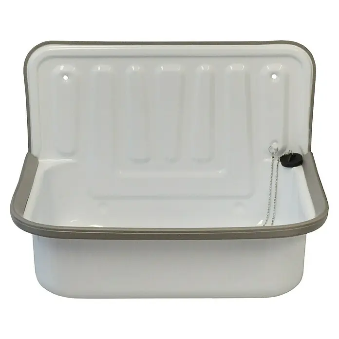 Stahl-Ausgussbecken - Emailliert, B x L: 52 x 34 cm, Weiß - Weiße Spüle mit grauem Rand und Abflusskette. Ideal für Küche oder Waschküche.