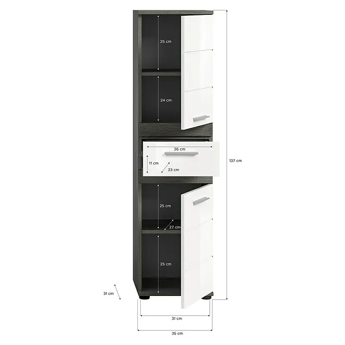 xonox.home Blake Badmöbel-Set Blake - 110 cm, Weiß/Rauchsilber, Glänzend - Detailansicht eines Badezimmerschranks in dunklem Holzdekor mit weißen Fronten, Maße sind angegeben.