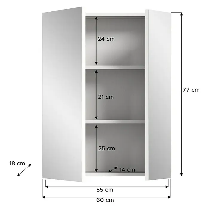 xonox.home Vira Spiegelschrank Vira - B x H: 60 x 77 cm, Ohne Beleuchtung, Holz, Weiß - Produktansicht eines weißen Hängeschranks mit Innenmaßen und Außenabmessungen für detaillierte Produktinformationen.