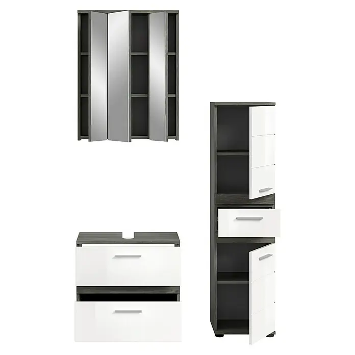 xonox.home Blake Badmöbel-Set Blake - 110 cm, Weiß/Rauchsilber, Glänzend - Badezimmermöbelset mit Waschbeckenunterschrank, Spiegelschrank und Hochschrank in Grau und Weiß für ein modernes Badambiente.