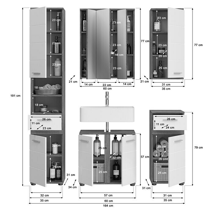 xonox.home Blake Badmöbel-Set Blake (164 cm, Weiß/Rauchsilber, Glänzend, Mit Beleuchtung, 5 -tlg.) | BAUHAUS