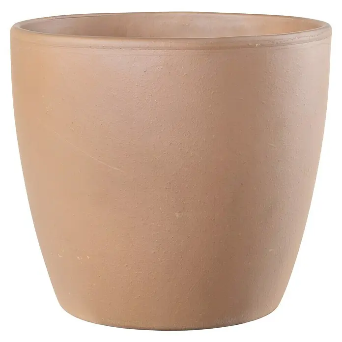 Deroma White Garden Pflanzkübel rund Egg Pot - Außenmaß (Ø x H): 19 x 17 cm, Naturmaterialien, Terrakotta - Nahaufnahme eines Terrakotta-Blumentopfes mit einer glatten, matten Oberfläche und einer leicht konischen Form vor einem schwarzen Hintergrund.