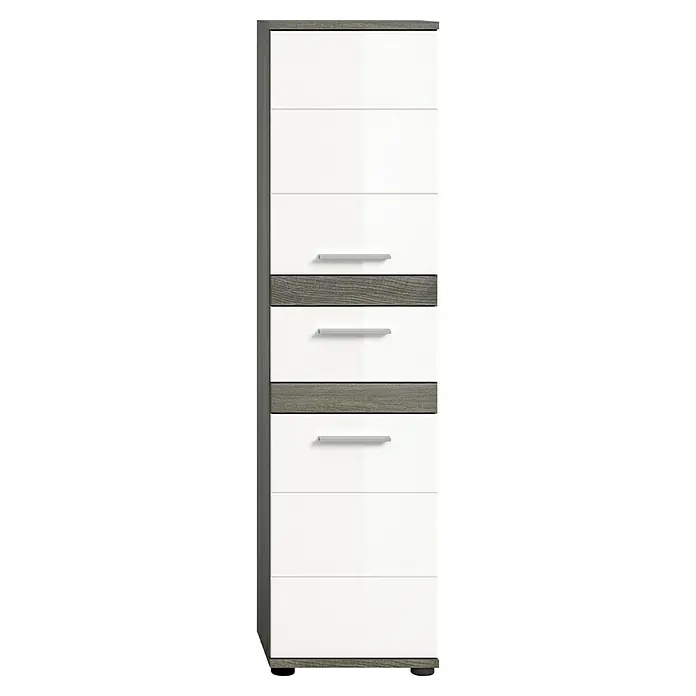 xonox.home Blake Hochschrank Blake - B x T x H: 35 x 31 x 137 cm, Weiß/Rauchsilber - Schmaler, weißer Hochschrank mit grauen Akzenten und mehreren Schubladen, ideal für zusätzlichen Stauraum in modernen Wohnräumen.