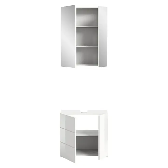 xonox.home Vira Badmöbel-Set Vira - 60 cm, Weiß, Glänzend, Ohne Beleuchtung, 2 -tlg. - Produktansicht eines Badezimmer-Sets in Weiß, bestehend aus einem Hängeschrank mit Regalen und einem Waschtisch mit Schubladen und offenem Fach.