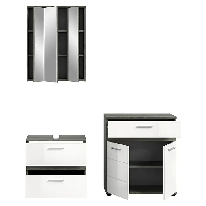 xonox.home Blake Badmöbel-Set Blake - 146 cm, Weiß/Rauchsilber, Glänzend - Badezimmermöbel-Set mit Spiegelschrank, Waschtischunterschrank und Kommode in Weiß und Grau für ein modernes Ambiente.