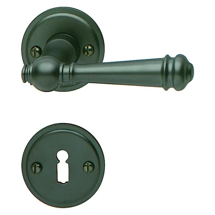 Scheitter Zimmertürgarnitur 184Z/284/285 - Stärke Tür: 40 mm - 45 mm, Stahl, Form Drücker: Gerade, Schwarz - Nahaufnahme eines eleganten Türbeschlags aus Metall mit Hebelgriff und Schlüsselrosette, ideal für stilvolle Inneneinrichtungen.