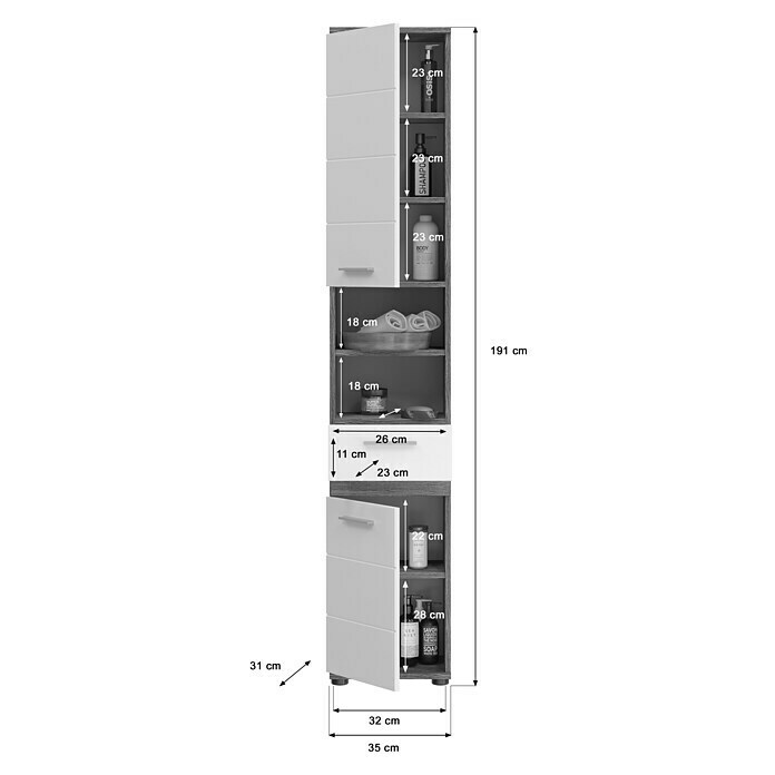 xonox.home Blake Hochschrank Blake (35 x 31 x 191 cm, Weiß/Rauchsilber) | BAUHAUS