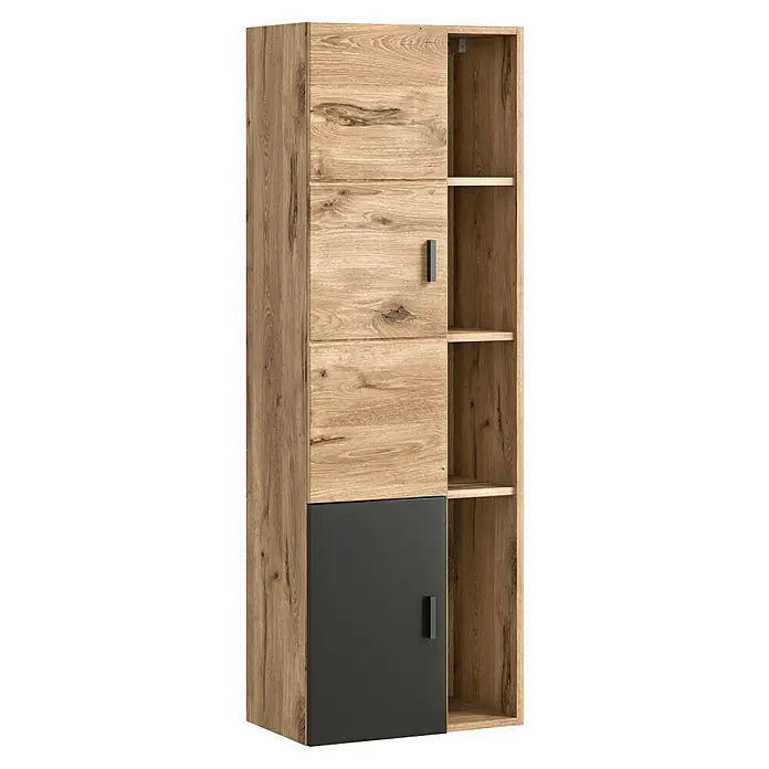 xonox.home Grado Hochschrank Grado - B x T x H: 48 x 35 x 144 cm, Nox Oak - Moderne Kommode in Holzoptik mit einer grauen Tür und offenen Regalfächern.