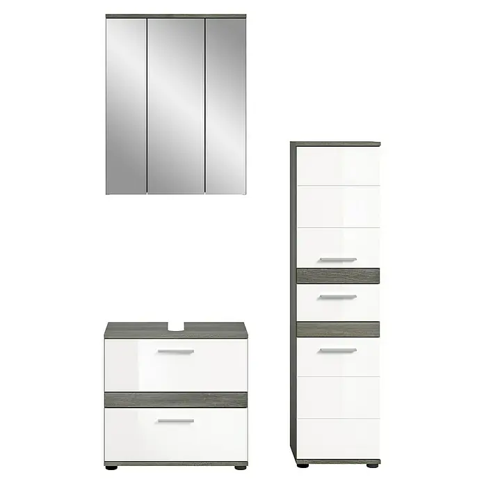 xonox.home Blake Badmöbel-Set Blake - 110 cm, Weiß/Rauchsilber, Glänzend - Badezimmermöbel-Set mit Spiegelschrank, Waschtischunterschrank und Hochschrank in Grau und Weiß. Modernes Design für Ihr Badezimmer.