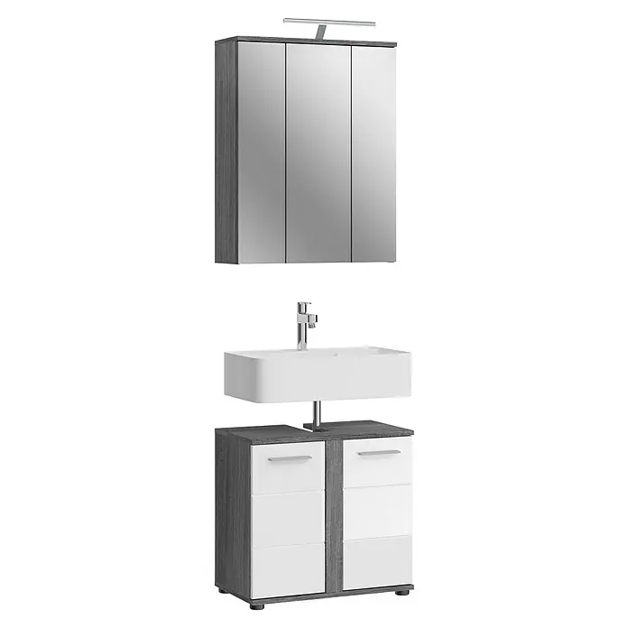 xonox.home Blake Badmöbel-Set Blake - Weiß/Rauchsilber, Glänzend, Mit Beleuchtung, 2 -tlg. - Badezimmermöbel-Set mit Spiegelschrank, Waschbecken und Unterschrank in Grau und Weiß für ein stilvolles Ambiente im Bad.