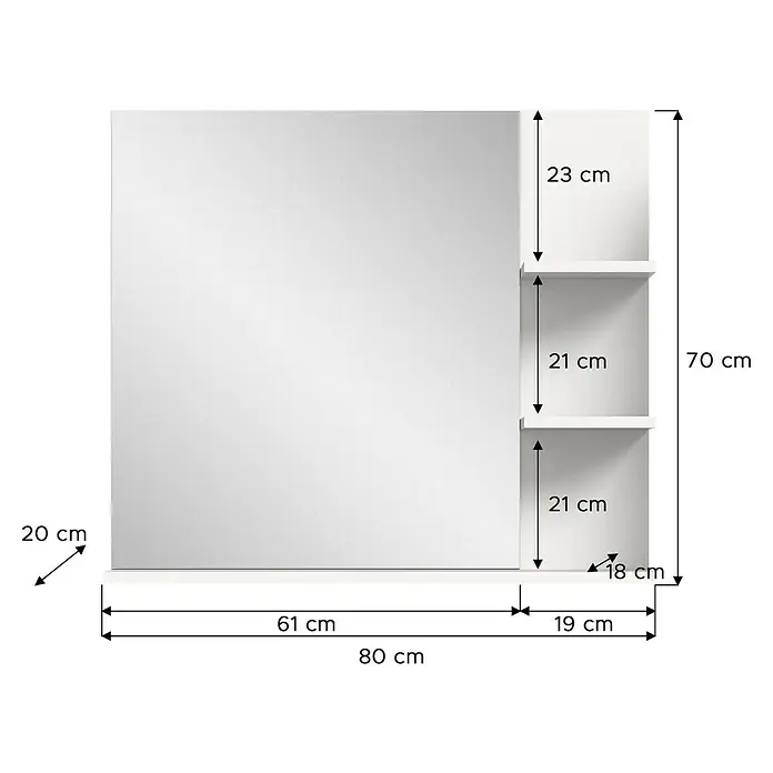 xonox.home Laredo Ablagespiegel Laredo - 80 x 16 x 70 cm, Weiß - Das Bild zeigt einen weißen Spiegelschrank mit Regalen, der 80 cm breit und 70 cm hoch ist. Die Regale bieten zusätzlichen Stauraum im Badezimmer.