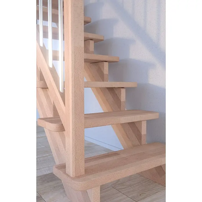 Starwood Raumspartreppe Lindos - Breite: 80 cm, Buche, Geschosshöhe: 300 cm, Gerade, Montageseite Geländer: Wahlweise links/rechts, Geländer Holz/Edelstahl, Ohne Setzstufen - Nahaufnahme einer hellen Holztreppe mit Geländerstäben aus Metall, die eine moderne und schlichte Ästhetik ausstrahlt.
