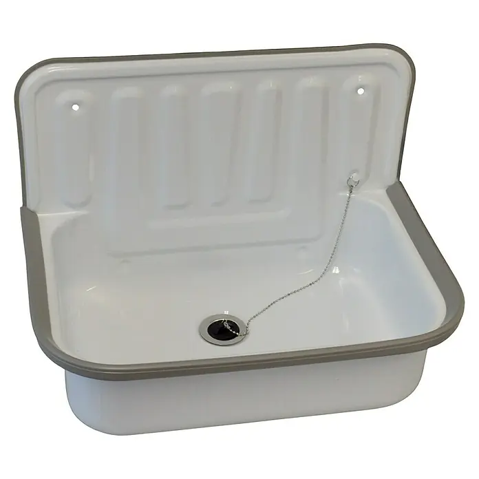Stahl-Ausgussbecken - Emailliert, B x L: 52 x 34 cm, Weiß - Abgebildete weiße Spüle mit grauen Rändern und einem Abflussstopfen mit Kette. Ideal für Waschküche oder Garage, robust und einfach zu montieren.